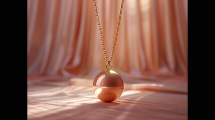 A minimalist golden locket, concealing cherished memories, hovering in the air against a seamless rose gold background.
