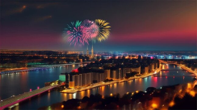 Nighttime Celebration: Glowing Fireworks Illuminate City Skyline and Reflect on River
