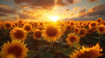 Summer landscape: beauty sunset over sunflowers field. Beautiful sunset over sunflowers field