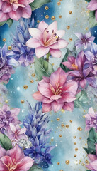  Flowers in the style of a lot of mixed watercolor art luxurious with some shiny brilliant metallic wallpaper pattern with glitter balls , diamonds and jewelry