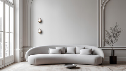 A contemporary light room interior with a gracefully curved gray sofa, complemented by artistic wall sconces that add a touch of sophistication to the space.