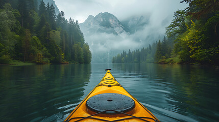 Kayaking boat on an idyllic mountain lake with beautiful view AI Image Generative. AI Image...