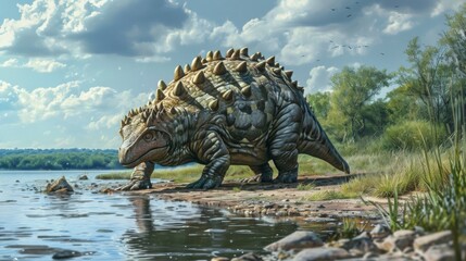 A lone Ankylosaurus can be seen lounging by the water using its armored back to protect itself from predators.