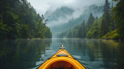 Fototapeta premium Kayaking boat on an idyllic mountain lake with beautiful view AI Image Generative. AI Image Generative