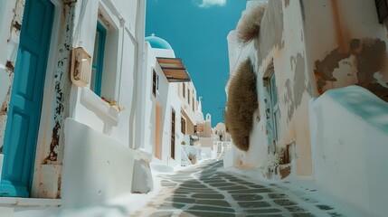 Fototapeta premium Quaint mediterranean alleyway on a sunny day. traditional white architecture with blue doors. ideal for travel and tourism. AI