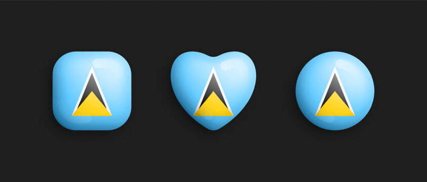 Saint Lucia Official National Flag 3D Vector Glossy Icons In Rounded Square, Heart And Circle Shapes Isolate On Black. Saint Lucia Sign And Symbols Graphic Design Elements Volumetric Button Collection