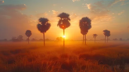 Foto op Canvas Sugar palm trees on the paddy field in sunrise, with skyline reflection on pond at sunrise © haizah