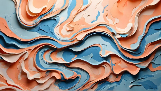 Abstract liquid background Illustration with paper art style and marble liquid paints, peach blue shades color scheme, gradien color.