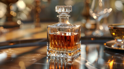 A crystal-clear crystal decanter filled with rare aged whiskey, capturing the spirit of celebration on a crystal-clear surface. - obrazy, fototapety, plakaty