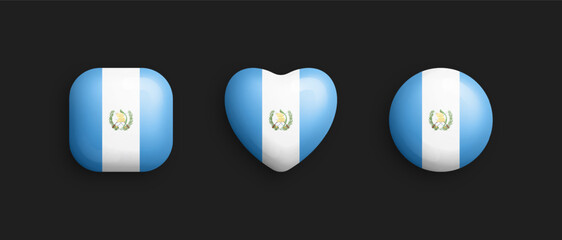 Guatemala Official National Flag 3D Vector Glossy Icons In Rounded Square, Heart And Circle Shapes Isolated On Black. Guatemalan Sign And Symbols Graphic Design Elements Volumetric Buttons Collection