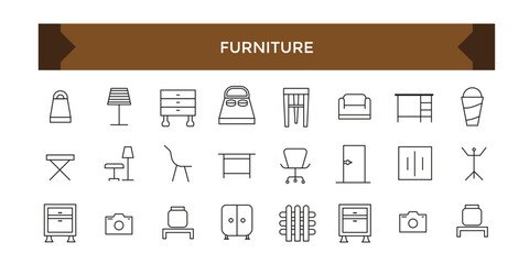Fototapeta na wymiar Furniture flat line icons set. House modern interior indoor and outdoor furniture icons set.