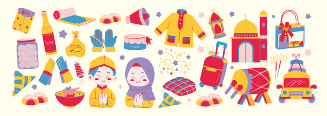 Eid Mubarak Essentials Illustration. Set of eid mubarak illustration. 