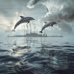Fototapeta na wymiar A lone dolphin against a backdrop of environmental pollution a powerful concept