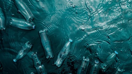 A somber aerial view of a swath of plastic water bottles accumulating in a gyre in the open ocean
