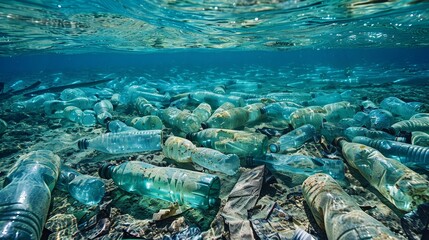 An evocative image capturing the distressing sight of plastic water bottles polluting the ocean The clear blue water is marred by a multitude of bottles floating aimlessly