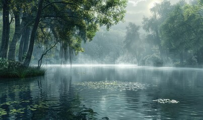 mystical beauty of a mist-shrouded lake, where ghostly tendrils of fog drift across the water's surface