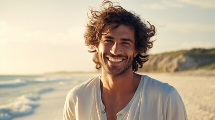 Portrait of a happy smiling athletic curly-haired young man wearing a white T-shirt, looking at the camera on the beach of the sea. Hobbies and Recreation, Summer, Travel, Lifestyle, Vacation concepts - obrazy, fototapety, plakaty