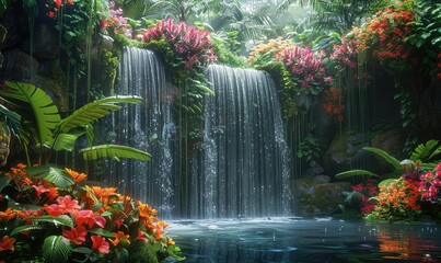 Rainforest lush of a tropical rainforest, where verdant foliage and exotic flowers create a riot of...