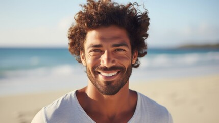 Close-up of a happy smiling curly-haired young man wearing a white T-shirt, looking at the camera on the beach of the sea. Hobbies and Recreation, Summer, Travel, Lifestyle, Vacation concepts.
