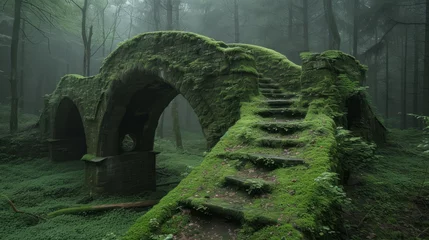 Fototapeten Moss covered stone bridge in a foggy forest © Sumon