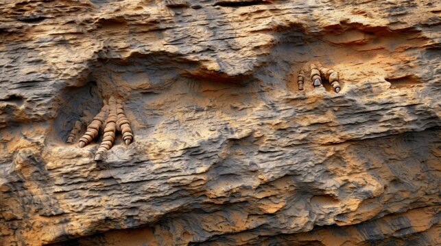 A section of exposed rock face revealing a series of fossilized dinosaur footprints frozen in time by layers of sediment.