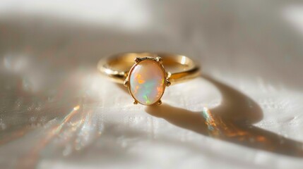Minimalist opal ring resting delicately on a white surface, adding a subtle touch of iridescent beauty to any ensemble.