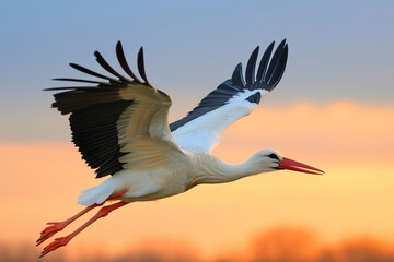 White stork flies against background of orange sunset sky. Flying bird in nature