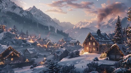 Quaint village nestled in a snowy valley, with cozy cottages adorned with twinkling lights and smoke rising from chimneys.