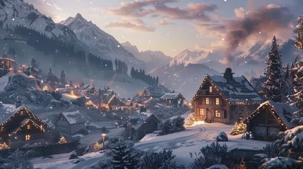 Fotobehang Mistige ochtendstond Quaint village nestled in a snowy valley, with cozy cottages adorned with twinkling lights and smoke rising from chimneys.