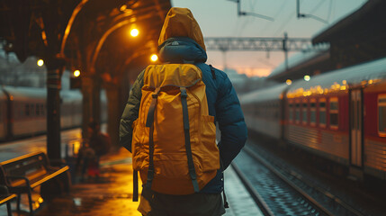 Male Traveler with Yellow Backpack Waiting at Busy Transportation Hub, Urban Commuter Lifestyle, Public Transit Scene, Traveling Man with Backpack, City Travel Concept, Generative AI

