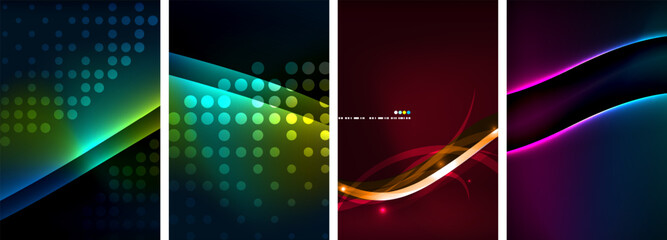 Neon glittering glowing light geometric shapes posters. Vector illustration For Wallpaper, Banner, Background, Card, Book Illustration, landing page