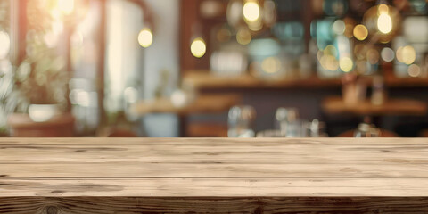 empty wooden table with blurred background in restaurant, 