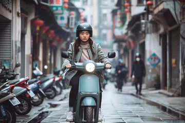 Foto op Canvas Stylish Street Ride: Young Woman on a Retro Motorbike © Centric 