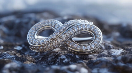 A custom-designed platinum brooch, intricately shaped as intertwined initials, shining on a radiant...