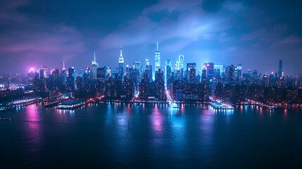 Manhattan at Night, New York City Skyline Illuminated, Urban Nightlife in NYC, Skyscrapers Lights Reflection on River, Cityscape Landscape, Generative AI

