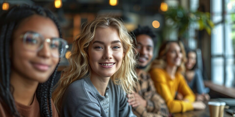 Joyful Business Collaboration: Smiling Businesswoman and Team in a Modern Office, Embracing Happiness, Friendship, and Productivity in a Diverse and Creative Workspace