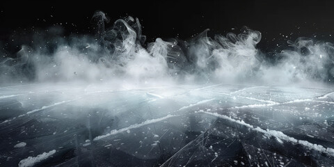 abstract frozen Hockey ice rink with smoke on dark background, studio room with smoke, empty ice room on dark blue background, banner poster design,empty dark scene, neon light, spotlights, - obrazy, fototapety, plakaty