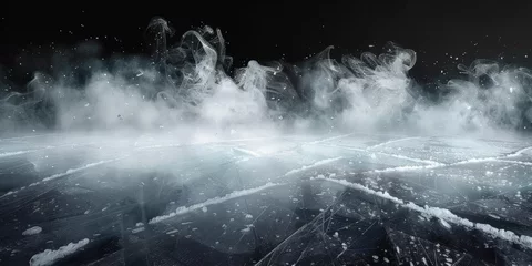 Fotobehang abstract frozen Hockey ice rink with smoke on dark background, studio room with smoke, empty ice room on dark blue background, banner poster design,empty dark scene, neon light, spotlights, © Planetz