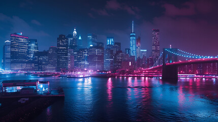 Fototapeta na wymiar Manhattan at Night, New York City Skyline Illuminated, Urban Nightlife in NYC, Skyscrapers Lights Reflection on River, Cityscape Landscape, Generative AI