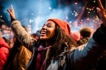 Happy young woman enjoying fireworks at a festive night-time outdoor event, surrounded by a crowd in winter clothing.