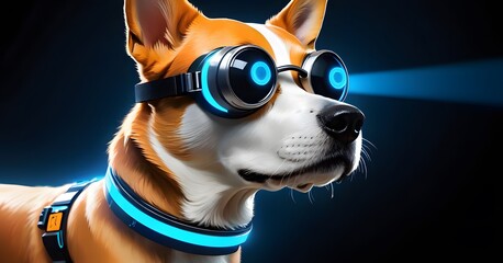 A tech-enhanced dog, equipped with futuristic goggles and a high-tech collar, stands ready for adventure, a playful nod to the digital era's exploration.