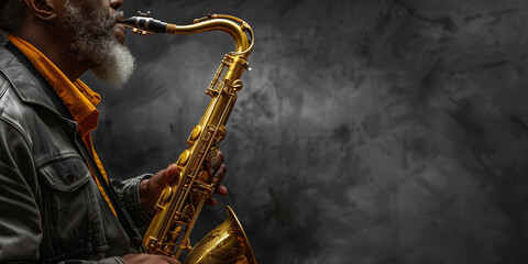 Captivating Jazz Performance: Skillful Saxophonist Playing Soulful Melodies on a Black Saxophone, Surrounded by the Rhythmic Ambiance of a Concert, Exhibiting Musical Artistry and Elegance