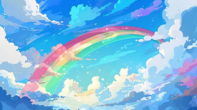 Vibrant rainbow against a backdrop of fluffy white clouds, painting the sky with a spectrum of hues.