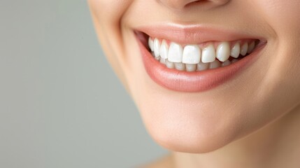 Obraz premium Beautiful smiling woman with clean skin, natural make-up, and white teeth on grey background