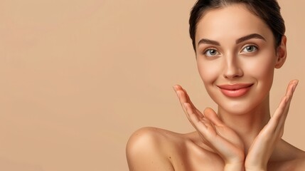 Beauty Spa Woman with perfect skin Portrait. Beautiful Brunette Spa Girl showing empty copy space on the open hand palm for text. Proposing a product.