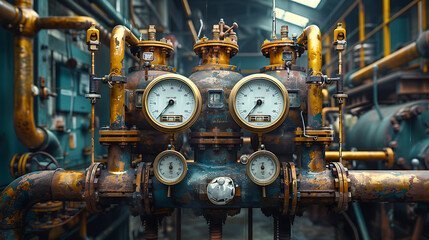 Fototapeta na wymiar Pipes and gauges in an industrial factory AI Image Generative