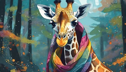 Chic Safari: A Giraffe Adorned in a Stylish Scarf with Vibrant Elegance"