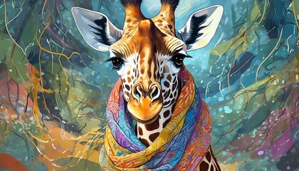 Fototapeta na wymiar Chic Safari: A Giraffe Adorned in a Stylish Scarf with Vibrant Elegance