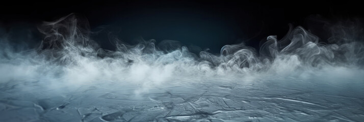 abstract frozen Hockey ice rink with smoke on dark background, studio room with smoke, empty ice room on dark blue background, banner poster design,empty dark scene, neon light, spotlights,