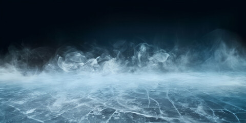 abstract frozen Hockey ice rink with smoke on dark background, studio room with smoke, empty ice room on dark blue background, banner poster design,empty dark scene, neon light, spotlights,